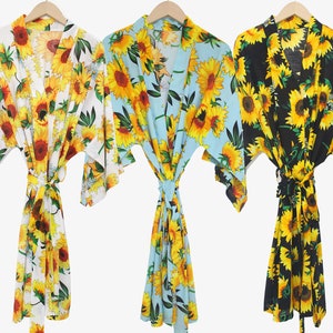 Light Blue Sunflower Robe Women Kimono Plant-Bridesmaid Lace Robe-Retro Bridesmaid Gift-Boho Wedding Party Bridal Party Gift-Rayon Fabric