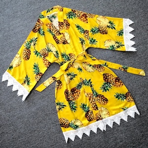 Yellow Floral pineapple Robe Women Kimono Robe -Bridesmaid Lace Robe-Bridesmaid Gift-Wedding Party Bridal Party Gift-Rayon Fabric