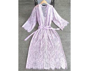 Lavender Lace Robe – Bridal Getting Ready Cover Up, Bridesmaid Sleepwear