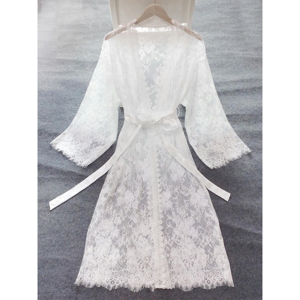 Longer White Lace Robe: Bridal robe, Wedding Morning Gown,gift for Bride or bridesmaids