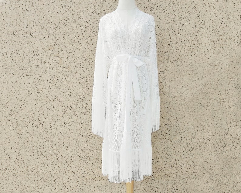 White Lace Bridal Robe with Tassels, Wedding Lingerie