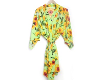 Green Sunflower Bridesmaid Robe, Soft Viscose Kimono, Wedding Morning Gown