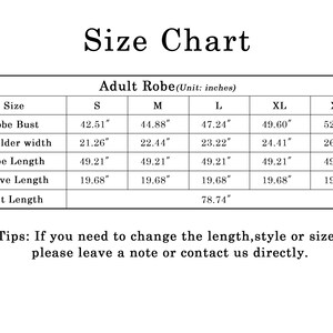 May include: Size chart for an adult robe with measurements in inches for bust, shoulder width, robe length, sleeve length, and belt length. Sizes include S, M, L, XL, and XXL.