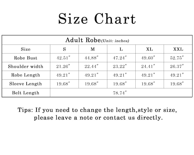 May include: Size chart for an adult robe with measurements in inches for bust, shoulder width, robe length, sleeve length, and belt length. Sizes include S, M, L, XL, and XXL.