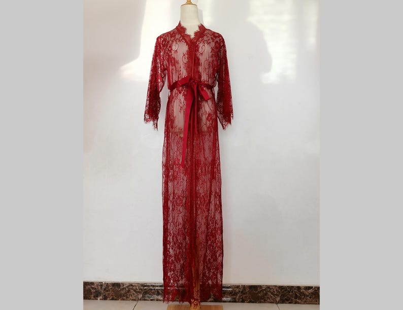 Wine Long Lace Robe: Bridal Kimono, Wedding Party Gift