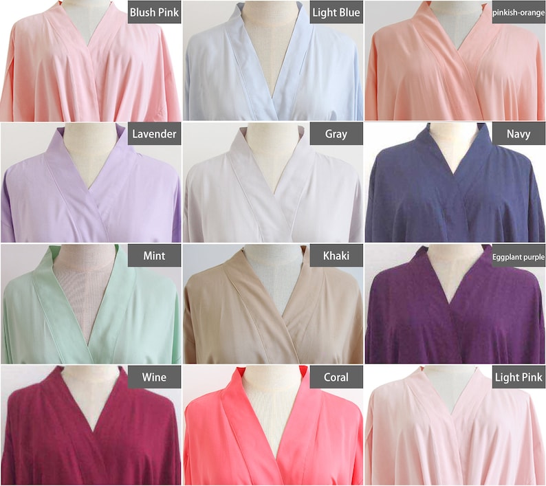 May include: A collection of twelve robes displayed on mannequins, featuring a variety of solid colors including blush pink, light blue, pinkish-orange, lavender, gray, navy, mint, khaki, eggplant purple, wine, coral, and light pink.