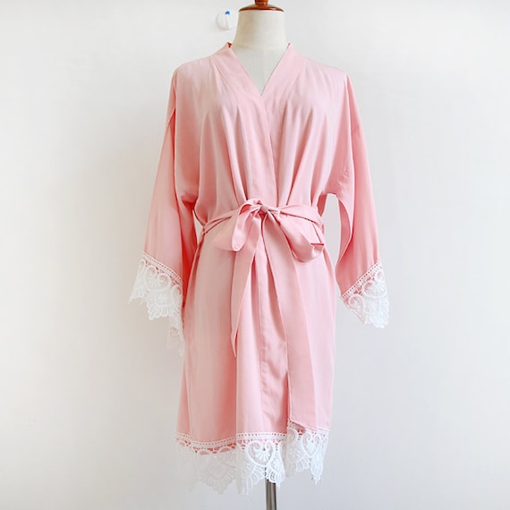 Blush Pink Lace Trim Rayon Robe for Bride & Bridesmaid — Soft, Breathable Wedding Morning Gift