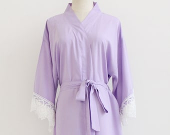 Lavender Kimono Robe with Lace Trim – Bridesmaid Gift, Bridal Robe