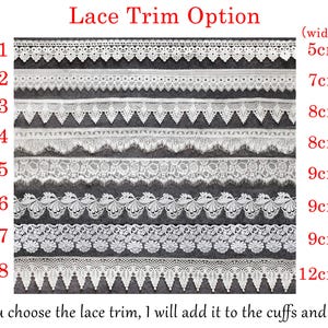 May include: A display of eight white lace trim options labeled #1 through #8 with widths ranging from 5cm to 12cm. The text reads Lace Trim Option and If you choose the lace trim, I will add it to the cuffs and hem. Each strip features a unique pattern.
