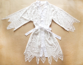 White Lace Bridal Robe: Women's Kimono, Wedding Party Gift