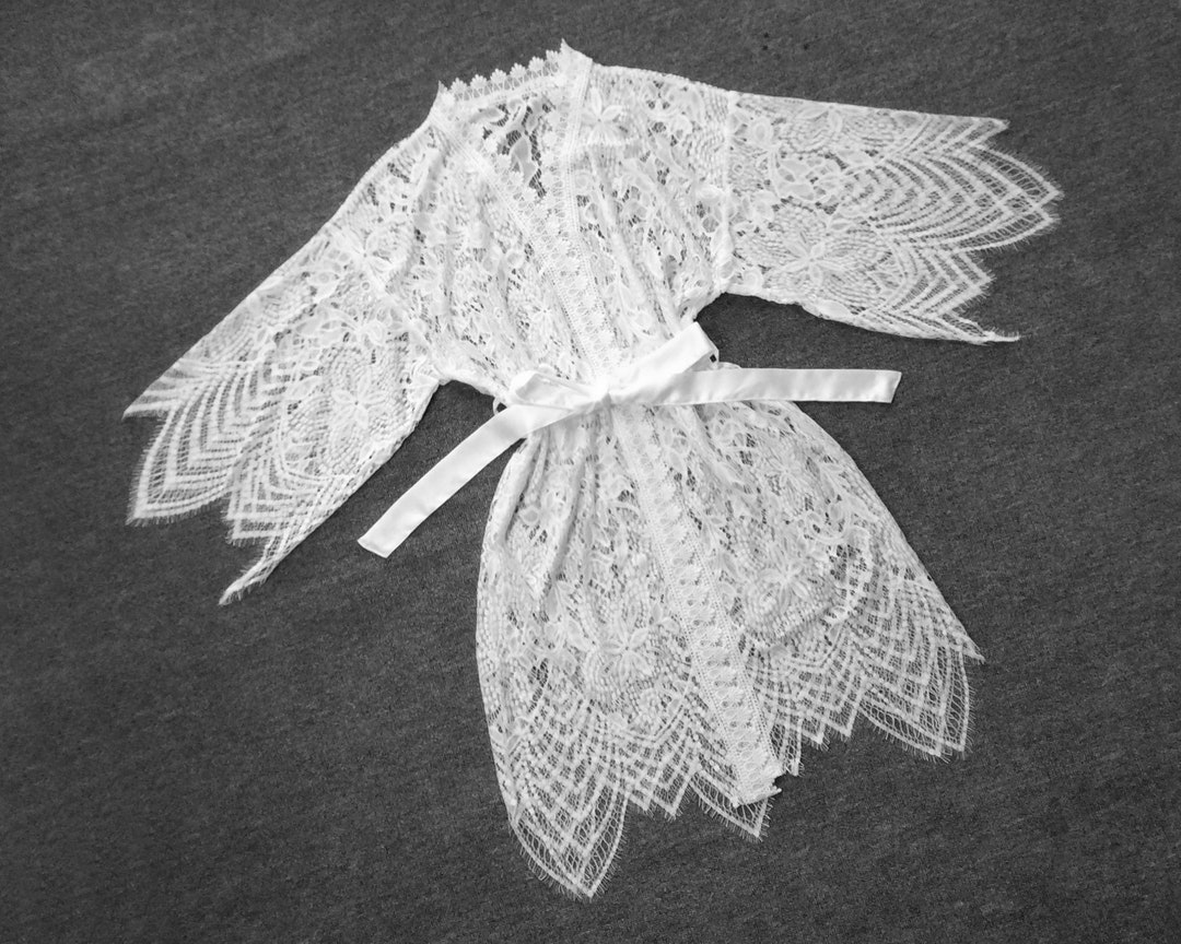 White Lace Robewomen Kimono Robebridal Robewedding Party Robe Etsy