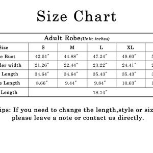 May include: A black and white size chart for an adult robe with measurements in inches. The table lists sizes S through XXL for robe bust, shoulder width, robe length, sleeve length, and belt length. It includes a note about customization.