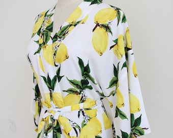Lemon Print Robe, Soft Rayon Bridal Bridesmaid Loungewear for Wedding, Spa, Vacation