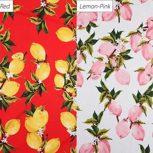 May include: Two fabric patterns displayed side-by-side. The left side features yellow lemons and green leaves on a red background labeled Lemon-Red. The right side features pink lemons and green leaves on a white background labeled Lemon-Pink.