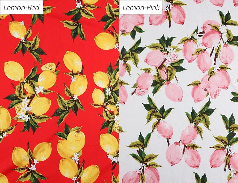 May include: Two fabric patterns displayed side-by-side. The left side features yellow lemons and green leaves on a red background labeled Lemon-Red. The right side features pink lemons and green leaves on a white background labeled Lemon-Pink.