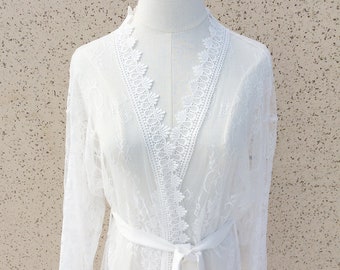 White Lace Robe for Bride, Bridal Getting Ready,Bachelorette Party Gift,Wedding Morning Pajamas