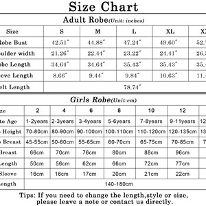May include: A black and white size chart for adult and girls' robes. The adult section lists measurements in inches for sizes S to XXL, including bust, shoulder, length, and sleeve. The girls' section lists metric measurements for sizes 2 to 14.