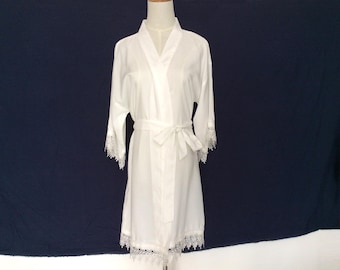White Rayon Bridal Robe with Lace Trim: Bridesmaid Kimono Gift