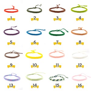 May include: A set of 16 colorful braided bracelets, each with a different color and pattern. The bracelets are numbered 1 through 16.
