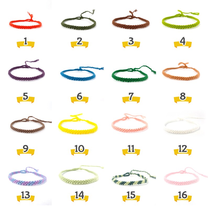 May include: A set of 16 colorful braided bracelets, each with a different color and pattern. The bracelets are numbered 1 through 16.