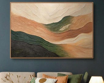 Landscape Abstract Painting with Frame | Hand Painted Green Beige Brown Wall Art | Textured Canvas Wall Decor | Framed Large Artwork