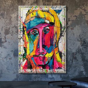 Unique Colorful Pop Art Painting, Contemporary Canvas Wall Art, Handcrafted Abstract Portrait, Framed Artwork for Home, Gift for Art Lovers