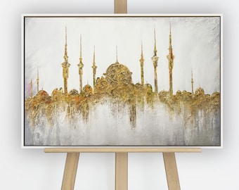 Mosque hand-painted abstract oriental painting canvas original acrylic white framed wall art living room bedroom gift