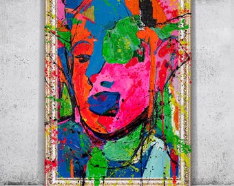 Acrylbild abstrakt mit Rahmen Pop Art Gemälde handgemalt | Wanddeko wohnzimmer Neon Porträt | Moderne abstrakte kunst Buntes Leinwandbild