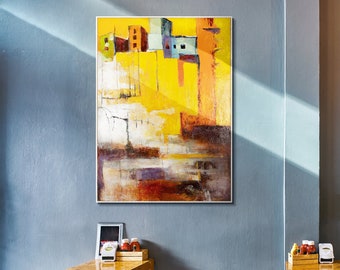 Abstrakte acrylbild mit Rahmen "Stadt der Abstraktionen" - Gelbtöne Stadt Szenerie, Wandkunst für Wohnzimmer, Einweihungsgeschenk