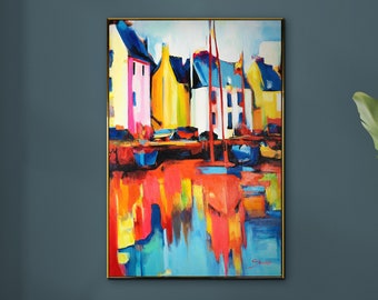 Hand-painted abstract canvas art "Yachts and Harbor" - colorful landscape, decorative living room picture, original housewarming gift