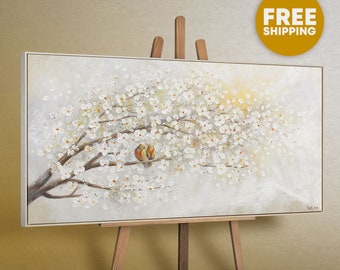 Gemälde Acrylbilder auf Leinwand mit Rahmen, Bilder wohnzimmer in hellen, Abstrakte kunst Leinwand mit Vögeln, Wanddeko blühenden Bäumen