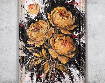 Hand-painted large acrylic painting with yellow peony Monochrome Framed Wall art with Flower Classic Artwork for Home or Office