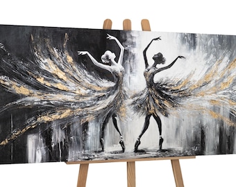 Abstract Ballerina Wall Art | Hand-Painted Textured Canvas in Gold and Black | Original Acrylic Painting | Modern Home Decor | Family gift