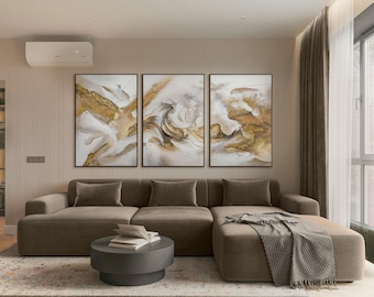 Original Gold White Abstract Wall Art Set of 3, Hand-Painted Textured Acrylic Canva