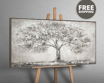 Pintura com uma grande árvore, pinturas acrílicas sobre tela cinza com prata, tela de arte abstrata com moldura, grandes quadros sala de estar
