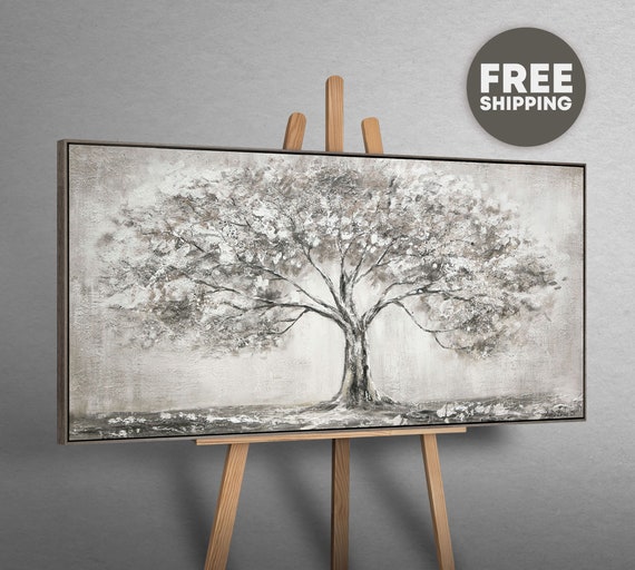 Gemälde mit einem großen Baum, Acrylbilder auf Leinwand grau mit Silber, Abstrakte kunst leinwand mit Rahmen, großes Bilder wohnzimmer