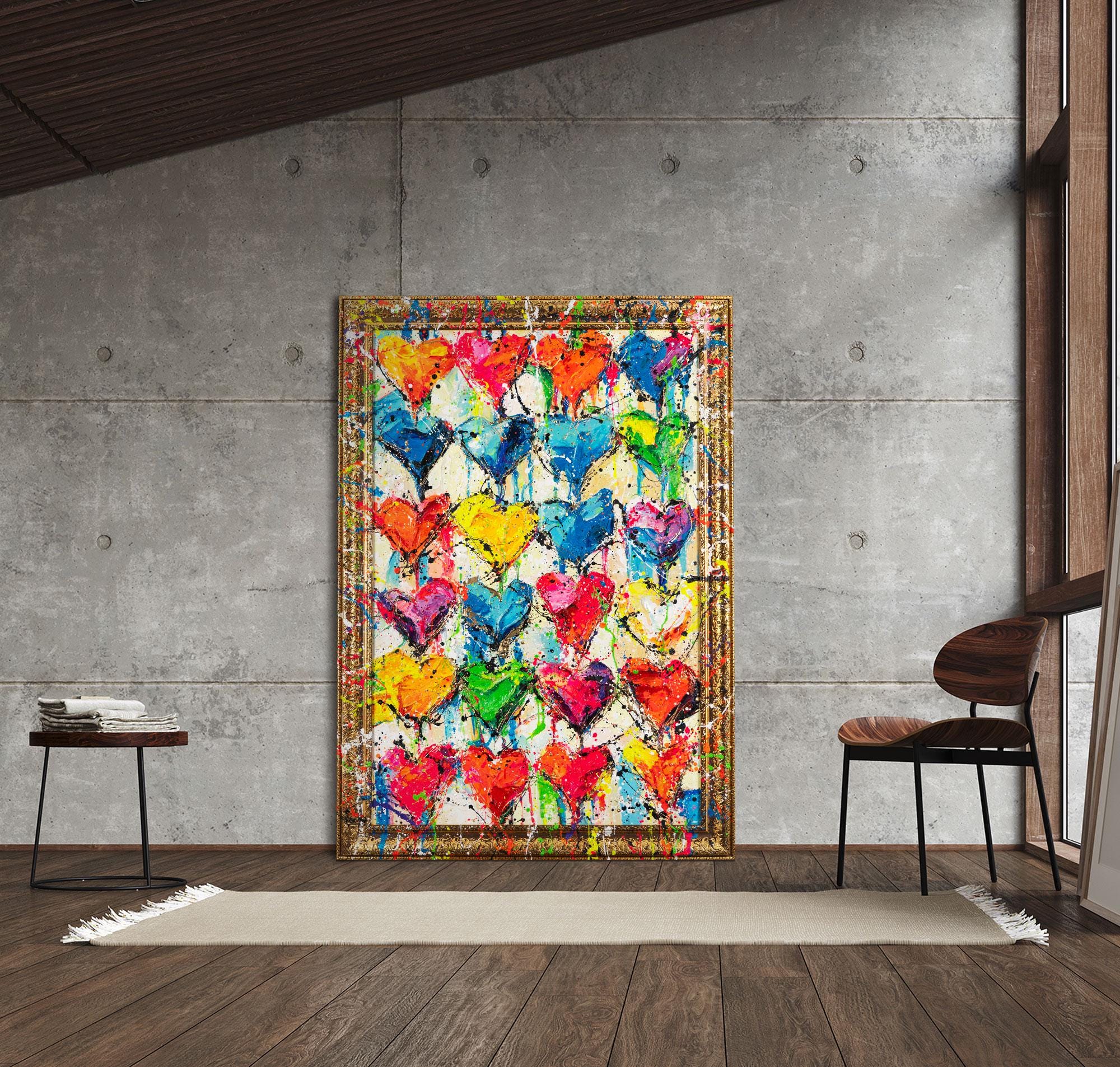 Pintura de coração colorida única, pintura acrílica original sobre tela, arte feita à mão com moldura, arte de parede abstrata para sala de estar ou escritório