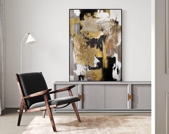 Moderne abstrakte Leinwand Gold Beige Schwarz – Handgemaltes Wandbild mit Struktur – Elegante Wanddekoration Wohnzimmer