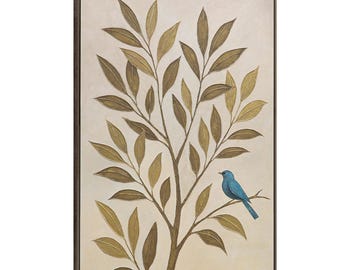 Textured Tree and Birds Wall Art, Gold Beige Scandi Japandi Decor