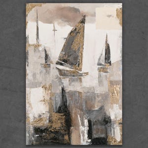 Dipinti su tela Arte astratta Barche a vela | Dipinto astratto originale grigio beige | Carta da parati murale ufficio soggiorno | regalo per un collega