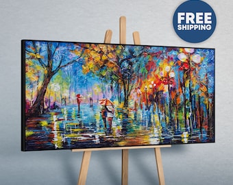 May include: A rectangular oil painting on canvas featuring a vibrant park scene in the rain. The artwork displays thick, textured brushstrokes in shades of blue, orange, yellow, and red, depicting figures with umbrellas walking under glowing street lamps.