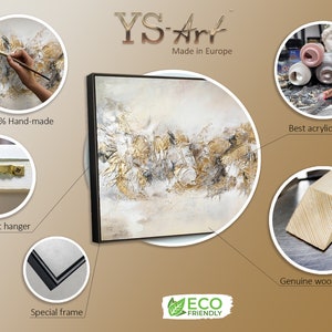 May include: A hand-painted abstract canvas art piece with gold and white accents. The painting is framed in a black wood frame with a 40 mm wide, natural wood inner frame. The painting is labeled "YS Art" and "Made in Europe".