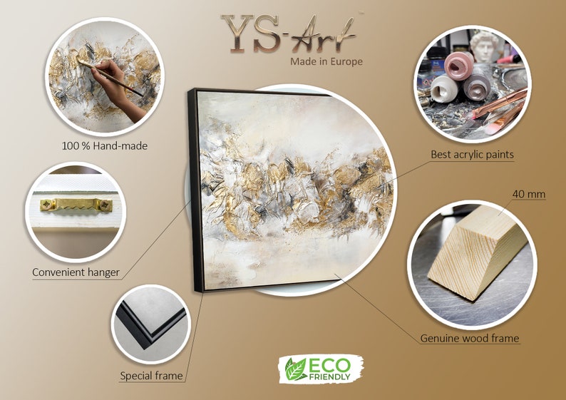 May include: A hand-painted abstract canvas art piece with gold and white accents. The painting is framed in a black wood frame with a 40 mm wide, natural wood inner frame. The painting is labeled "YS Art" and "Made in Europe".