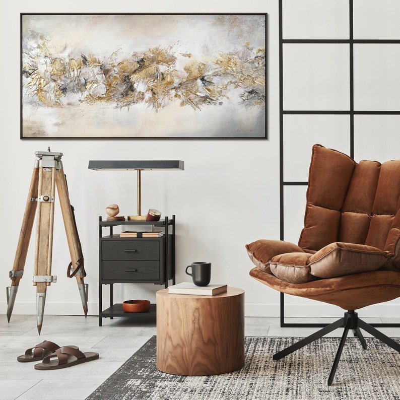 Wohnzimmer Dekoration mit abstrakten Gemälden, handgemalte Kunstwerke für die stilvolle Wanddekoration, ideal zur Gestaltung einer modernen und eleganten Wohnumgebung, perfekt für Kunstliebhaber.gerahmtes Bild