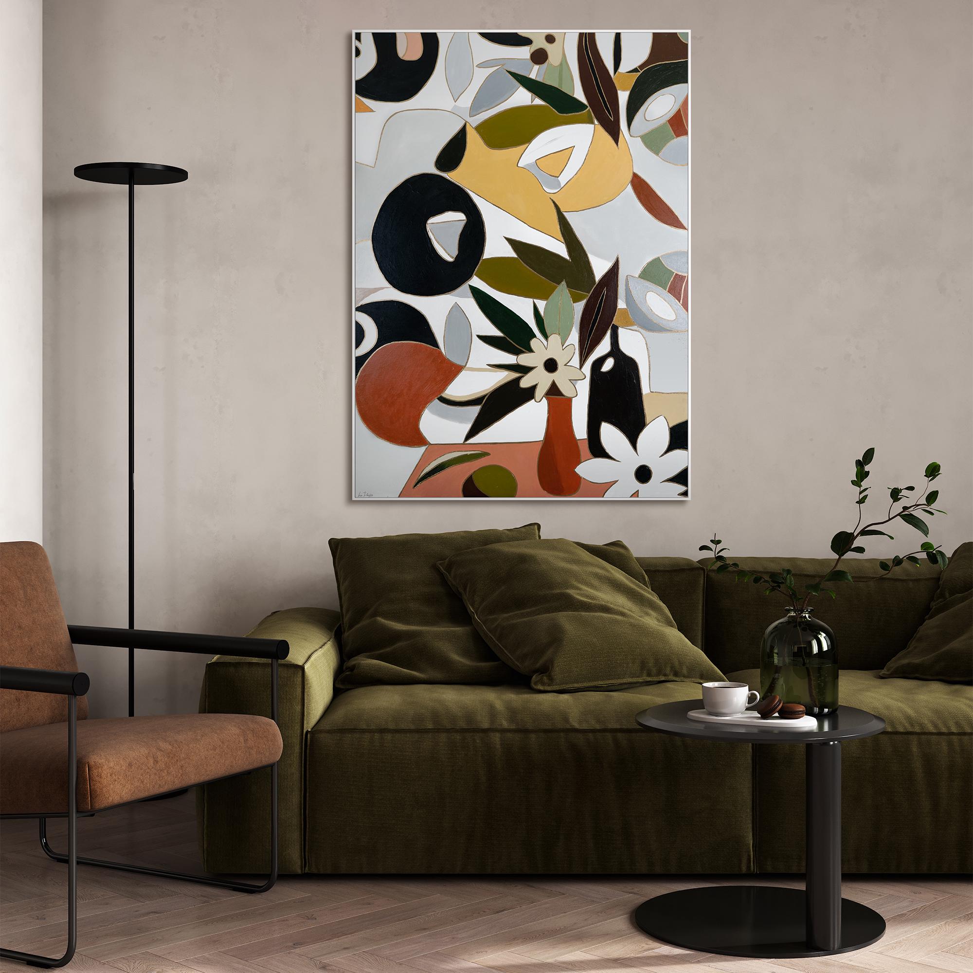 Acrylic on Canvas Floral Abstract Wall Art | Handmade Modern Painting in Beige Black | Large Original Artwork for Living Room | Gift Wife