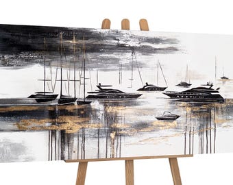 Hand-Painted Yacht Seascape Canvas Art | Black White Gold Nautical Decor 115x50cm