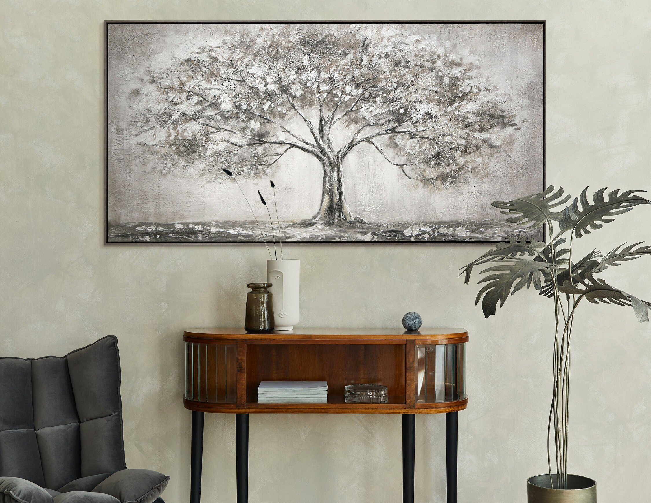 Baum Leinwand Wandbild 3-teilig – Abstrakt Silbergrau, Gerahmt, Natur-Motiv Für Wohnzimmer & Schlafzimmer