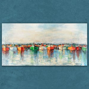 Barche dipinte a mano su tela, pittura acrilica | Arte astratta moderna | Arte murale originale | Carta da parati murale soggiorno ufficio | Regalo per papà