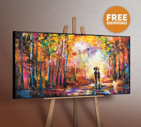 Home office art original acrylic painting, Handmade modern wall decor, Autumn motive textured artwork, Forest painting framed, New home gift