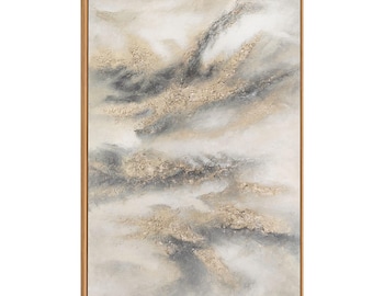 Original Grey Gold Abstract Hand-painted Wall Art, Textured Acrylic Canvas Painting with Frame